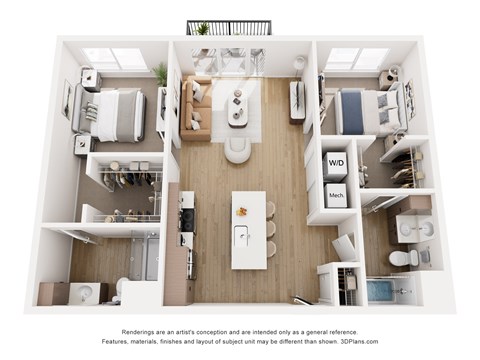 Floor plan for 2 beds, 2 baths, 1035 sqft